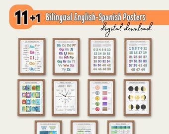 11 Bilingual English-Spanish Educational Posters, Printable Dual Language Classroom Posters, Digital Download, Posters Educativos