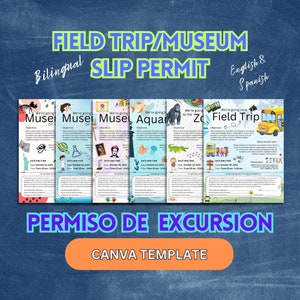 Field Trip Museum Slip Permit Template, Permiso de Excursión Editable, Printable Kindergarten School Grade Canva Editable Template