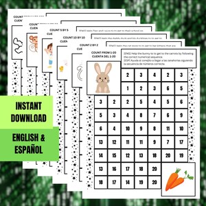 May include: A printable worksheet with a counting activity for kids. The worksheet features a bunny rabbit and carrots. The worksheet includes numbers 1 through 20 and asks the child to help the bunny get to the carrots by following the correct numerical sequence.