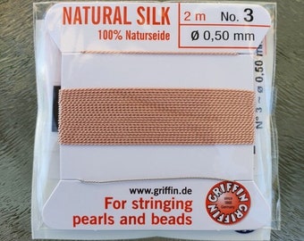 Pearl silk salmon pink, 0.50 mm, with needle, per card of 2 meters