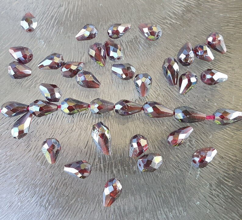 Garnet beads, coated, facet-cut drops 8 mm, per 10 pieces image 1