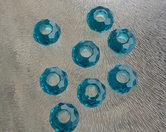 Glass beads with large hole, facet, petrol blue, per 10 pieces