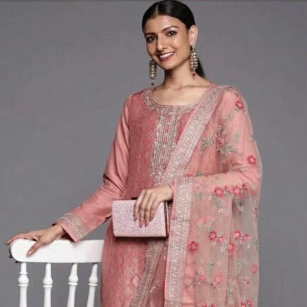 Silk kurti set, zari salwar kameez set, designer dress, size Large 40 UK 12, 3 piece set.
