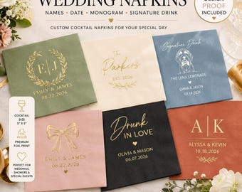 Personalized Wedding Bar Napkins, Custom Name Napkins, Cocktail Napkins for Reception, Monogram Napkins for Bridal Shower & Engagement Party