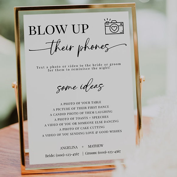 Blow Up Their Phone Sign, Modern Wedding Photo Hunt Game, Minimalist Wedding Take Action Sign, I Spy Wedding Game, Editable Template