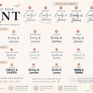 May include: A font selection chart featuring twenty-five numbered options categorized into Elegant Script, Modern Clean, Classic Serif, and Bold Vintage styles. Each option displays the names Emily & James in a specific typeface for customization.