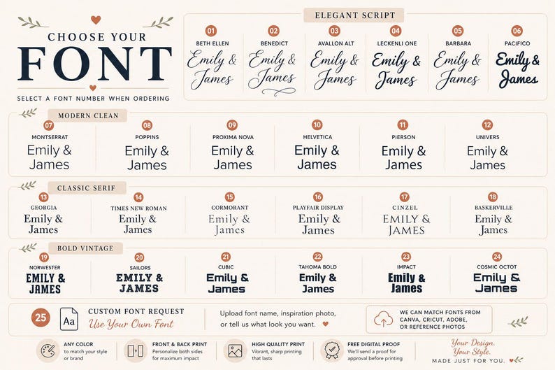 May include: A font selection chart featuring twenty-five numbered options categorized into Elegant Script, Modern Clean, Classic Serif, and Bold Vintage styles. Each option displays the names Emily & James in a specific typeface for customization.