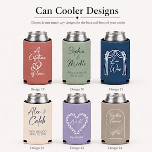 May include: Six cylindrical can coolers in various colors including terracotta, sage green, navy blue, cream, lavender, and taupe. Each features unique white or dark text and graphic designs, such as names, dates, and romantic phrases like A Lifetime of Love.