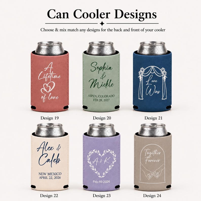 May include: Six cylindrical can coolers in various colors including terracotta, sage green, navy blue, cream, lavender, and taupe. Each features unique white or dark text and graphic designs, such as names, dates, and romantic phrases like A Lifetime of Love.