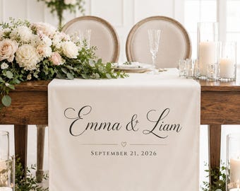 Custom Wedding Table Banner, Personalized Couple Name Signs, Head Table Runner for Bride & Groom Reception Favors, Bridal Shower Table Decor