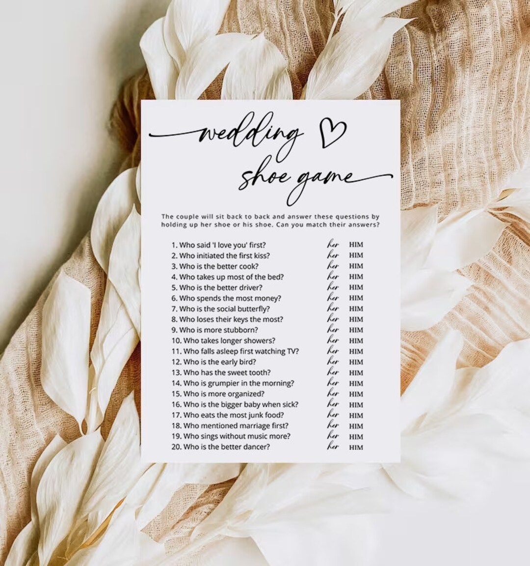 The Wedding Shoe Game Bridal Shower Reception Rehearsal Game Etsy