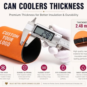 May include: An orange neoprene can cooler with the text CUSTOM YOUR LOGO. A digital caliper measures the material thickness at 2.48 mm. The graphic includes text about thickness, durability, flexibility, 12oz can fit, and sweat absorption.