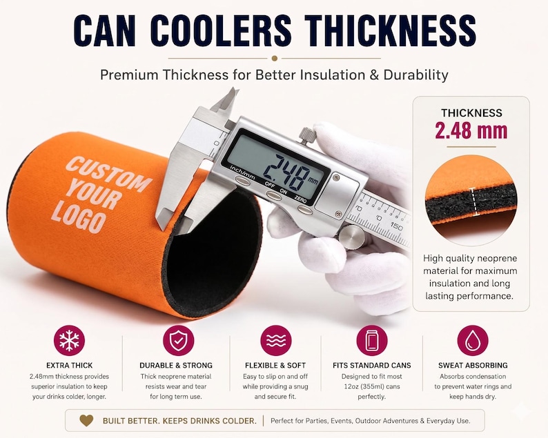 May include: An orange neoprene can cooler with the text CUSTOM YOUR LOGO. A digital caliper measures the material thickness at 2.48 mm. The graphic includes text about thickness, durability, flexibility, 12oz can fit, and sweat absorption.
