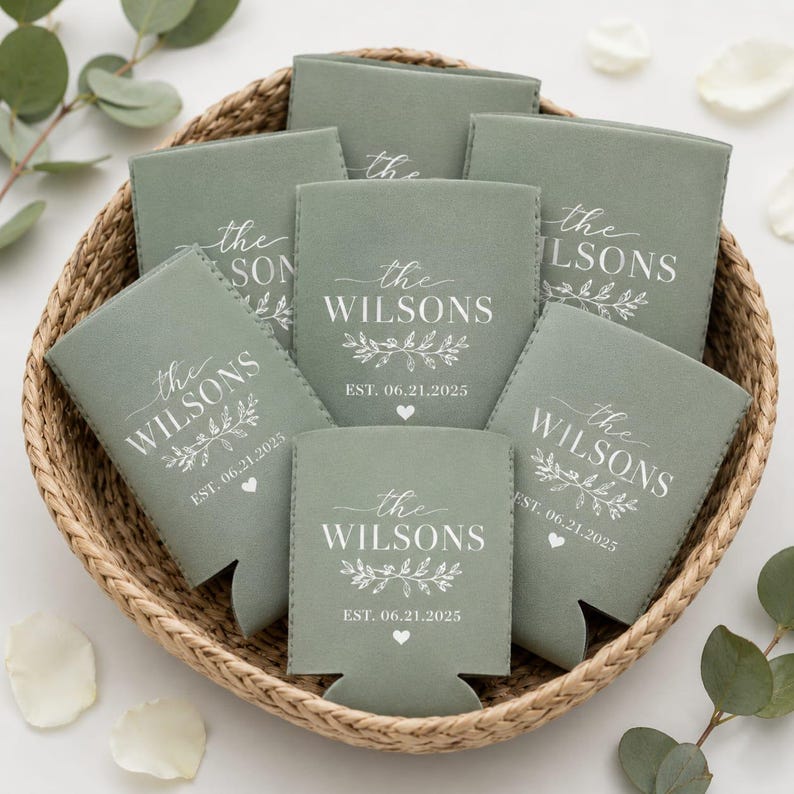 May include: A collection of sage green foam can coolers arranged in a woven basket. Each cooler features white printed text that reads the WILSONS, EST. 06.21.2025, and a small heart icon, accompanied by a delicate botanical leaf illustration.