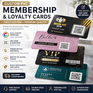 May include: Custom PVC membership and loyalty cards in various colours. The cards include QR codes and barcodes, and are designed for businesses, clubs, and events. The cards are fully customisable with matte or gloss finish.