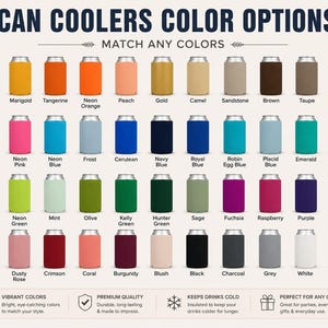 May include: A grid of fifty-five foam can coolers in various solid colors and one camouflage pattern. The text CAN COOLERS COLOR OPTIONS is at the top, with individual color names listed below each cooler and descriptive icons at the bottom.