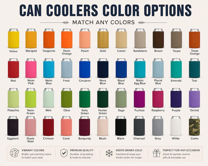May include: A grid of fifty-five foam can coolers in various solid colors and one camouflage pattern. The text CAN COOLERS COLOR OPTIONS is at the top, with individual color names listed below each cooler and descriptive icons at the bottom.