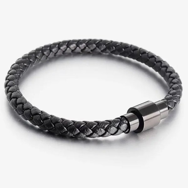 Braided Leather Bracelet with Black Stainless Steel Magnetic Clasp