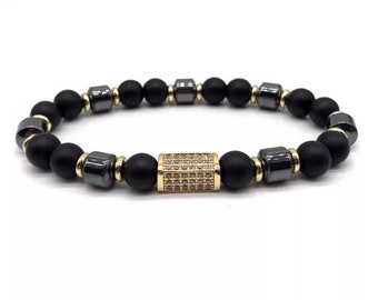 Matte Black Onyx and Hematite 8mm Beaded Bracelet with Micro Pave CZ Center Bead