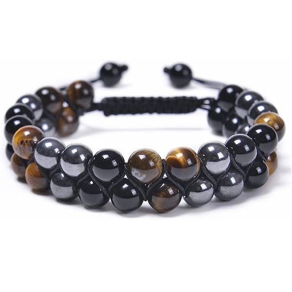 Adjustable Triple Protection Double Layer 8mm Beaded Bracelet with Tiger’s Eye, Hematite, Black Obsidian