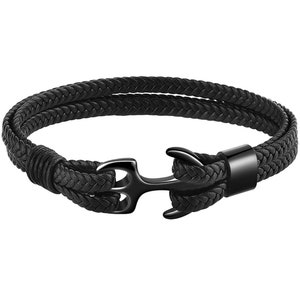 Black Leather Stainless Steel Anchor Bracelet