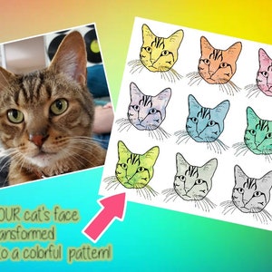 Può includere: Il viso di un gatto tabby marrone viene trasformato in un motivo colorato di nove volti di gatto in varie tonalità di giallo, arancione, rosa, blu, verde e grigio.