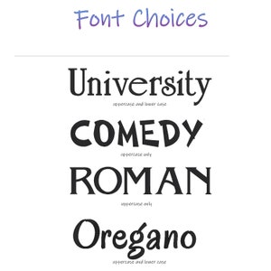 Op de afbeelding: Een grafiek met vier verschillende lettertypen: University, Comedy, Roman en Oregano. Elk lettertype is gelabeld met zijn lettertype, ofwel alleen hoofdletters of hoofdletters en kleine letters.