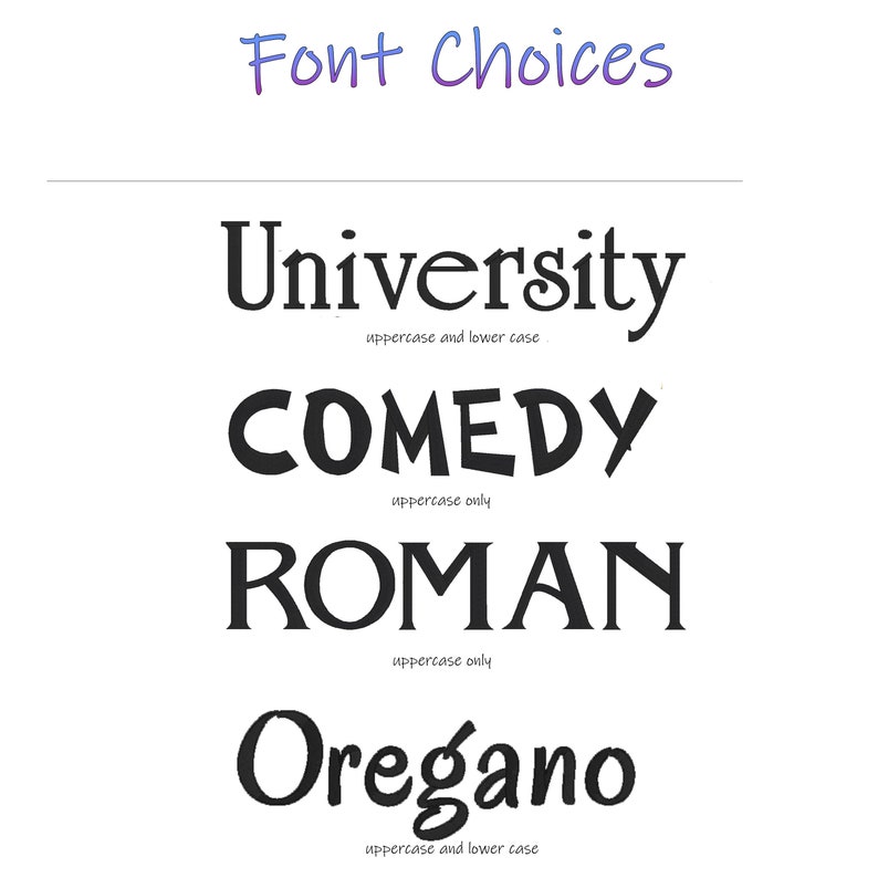 Op de afbeelding: Een grafiek met vier verschillende lettertypen: University, Comedy, Roman en Oregano. Elk lettertype is gelabeld met zijn lettertype, ofwel alleen hoofdletters of hoofdletters en kleine letters.
