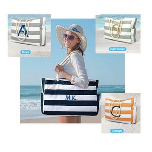 Bestickte große Segeltuch Strandtasche , Individuell, personalisiert, Name, Initialen, Monogramm,