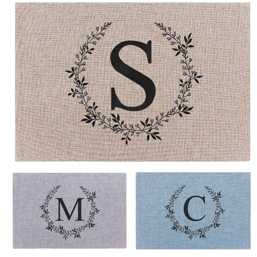 Embroidered Monogram Floral Placemats, Personalized Linen, Farmhouse