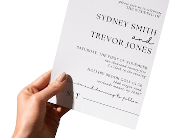 May include: A white wedding invitation with black text held by a hand. The invitation reads "Sydney Smith and Trevor Jones" and includes the date, time, and location: Hollow Brook Golf Club, Cortlandt Manor, NY.