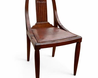 Antique Hand-Carved Wooden Chair with Leather Seat – Vintage Elegant Classic Accent Chair