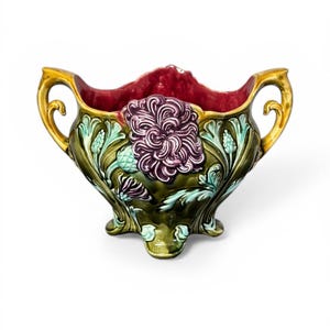 Jardinera Art Nouveau de Onnaing, antigua maceta de barro de principios del siglo XX, barro decorado con flores de alcachofa, cerámica naturalista.