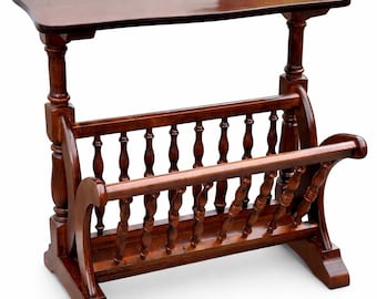 Vintage Wooden Magazine Rack Table – Antique Side Table with Storage Shelf – Classic Wood Console with Spindle Design