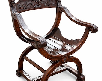 Silla Savonarola de madera antigua – Sillón de madera tallada a mano, mueble de estilo renacentista vintage, decoración clásica de biblioteca