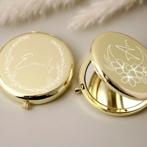 Miroir compact doré personnalisé, fleur de naissance, idée cadeau pour proposition de demoiselle d'honneur, cadeau de mariage, fête des mères et anniversaire de petite amie image 1