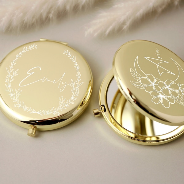 Personalized Gold Compact Mirror, Birth Flower Design, Gift Idea for Bridesmaid Proposal, Wedding Favor,Mother's Day & Girlfriend's Birthday