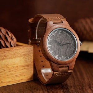 Personalised Wood Watch for Man,Genuine Leather Strap,Free Engraving & Watch Box,Perfect Gift for Groomsmen,Anniversary,Boyfriend and Father