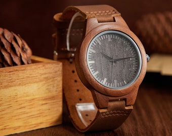 Personalised Wood Watch for Man,Genuine Leather Strap,Free Engraving & Watch Box,Perfect Gift for Groomsmen,Anniversary,Boyfriend and Father