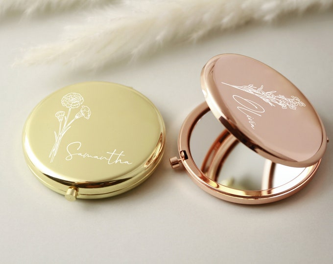 Birth Flower Engraved Compact Mirror, Personalize Bridesmaid & Wedding Keepsake, Pocket Mirror Gift for Best Friend Birthday or Mother's Day