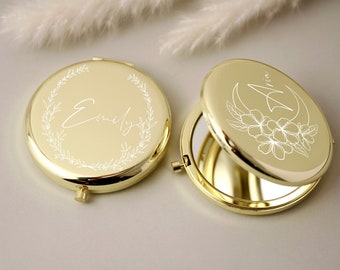 Miroir compact doré personnalisé, fleur de naissance, idée cadeau pour proposition de demoiselle d'honneur, cadeau de mariage, fête des mères et anniversaire de petite amie