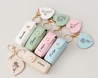 Custom Lipstick Keychain Case with Mirror, Personalized Lip Balm Holder, Wedding Gifts, Bridesmaid Gift, Gift for Mom, Makeup Gift for Women