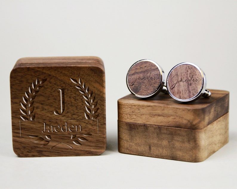 Personalized Cuff Links Box with Custom Design, Wooden Cufflinks for Best Man, Groomsman Gift in Wedding, Wedding Gift image 1