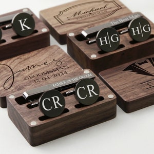 Zwarte manchetknopen dasspelddoos voor bruidsjonkers, manchetknopen dasspelddoos met naam, monogram bruiloftaccessoires voor getuige, vader, bodes