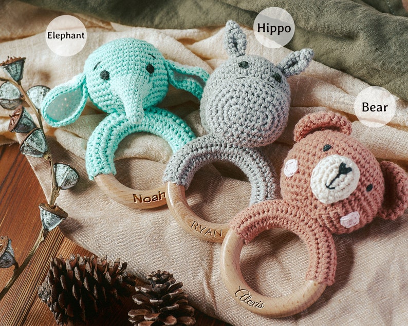 Personalized Animal Crochet Rattle, Custom Baby Shower Gift, Wooden Rattle Ring with Engraved Baby Name, Newborn Gift, Gift for Nephew Niece image 6