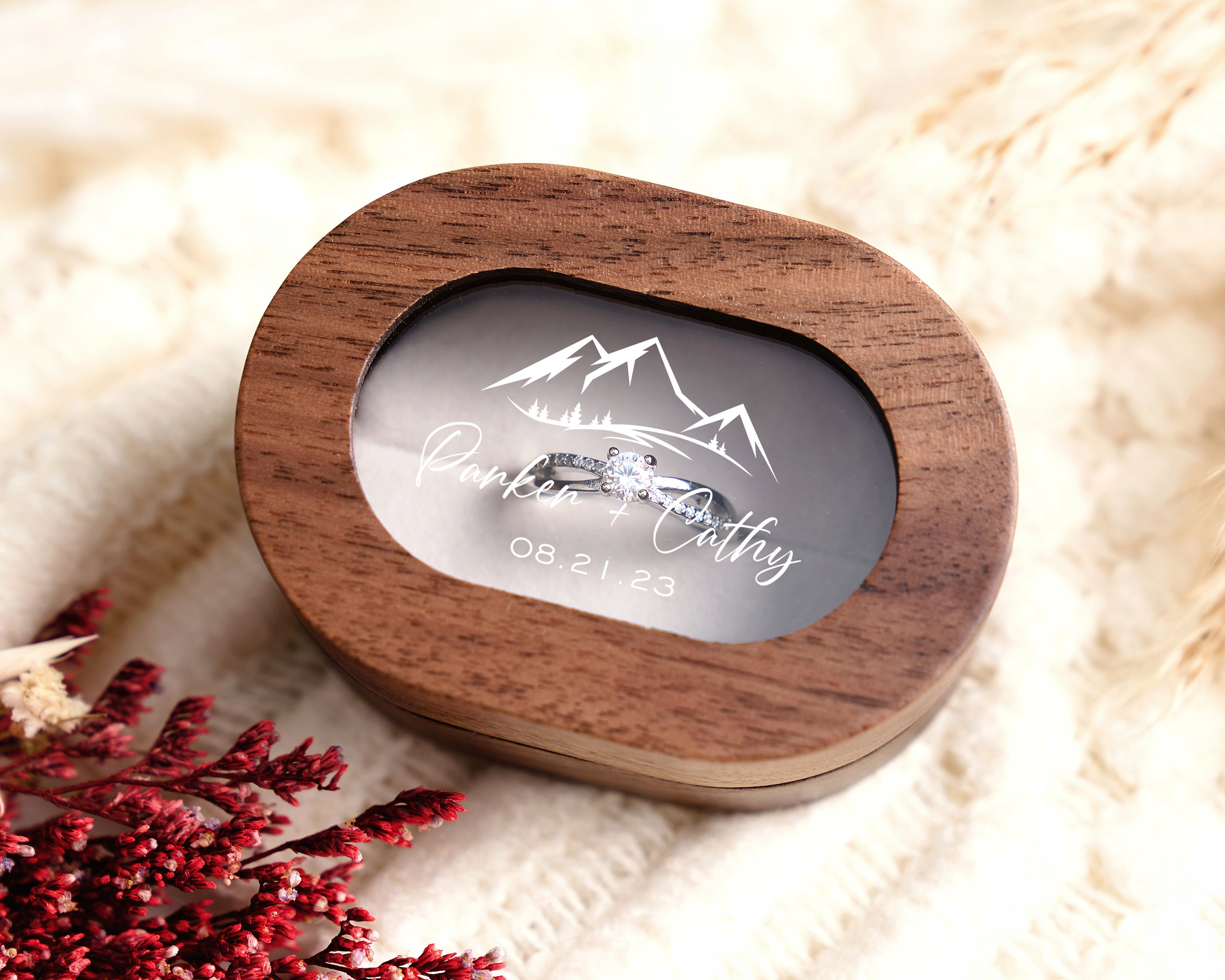 Scatola Porta Anelli In Legno Di Noce Con Coperchio In Vetro – 3 Fessure Per Matrimonio E Fidanzamento – MUUJEE - 2