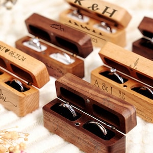 Engraved Wooden Ring Box Personalized 2-Slot Ring Box Wedding Ring Bearer Gift Anniversary Gift for Couple Custom Engagement Ring Box