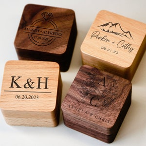 Personalized Wood Wedding Engagement Ring Box,Custom Engraved Walnut Oak Ring Box,Square Ring Bearer,Anniversary,Proposal Ring Box Holder