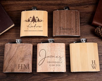 Ensemble de flasque et de tasses en bois personnalisés, nom personnalisé gravé pour le meilleur homme, cadeaux de proposition de garçon d'honneur uniques pour mariage et enterrement de vie de jeune fille