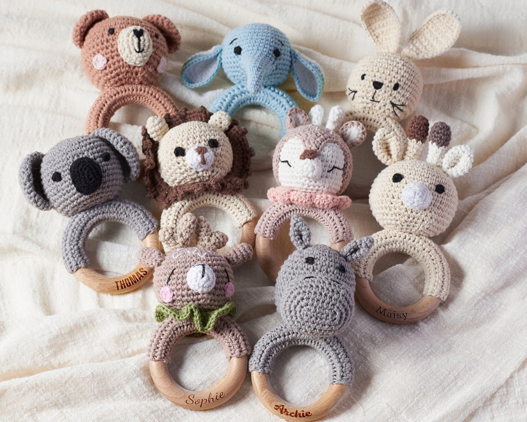 Personalized Animal Crochet Rattle, Custom Baby Shower Gift, Wooden ...